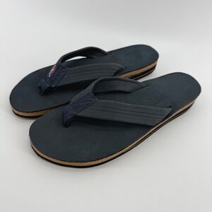 Rainbow Sandals Womens Double Layer Wide Leather Strap Flip Flops Navy Sz 10